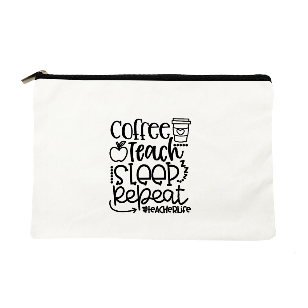 Koffie Leren Slaap Herhalen Print Vrouwen Rits Makeup Tassen Travel Cosmetische Tas Voor Witte Vrouwelijke Toilettas Opbergtas Leraar: W01059-TBWH-D