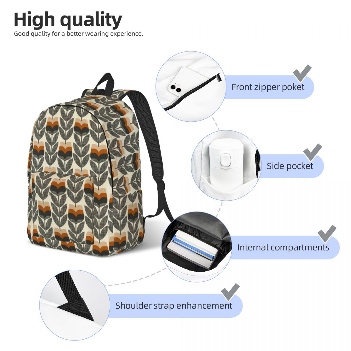 Benutzerdefinierter Orla Kiely Laptop-Rucksack mit mehreren Stemmen für Damen und Herren, lässige Büchertasche für Studenten, florale abstrakte Taschen