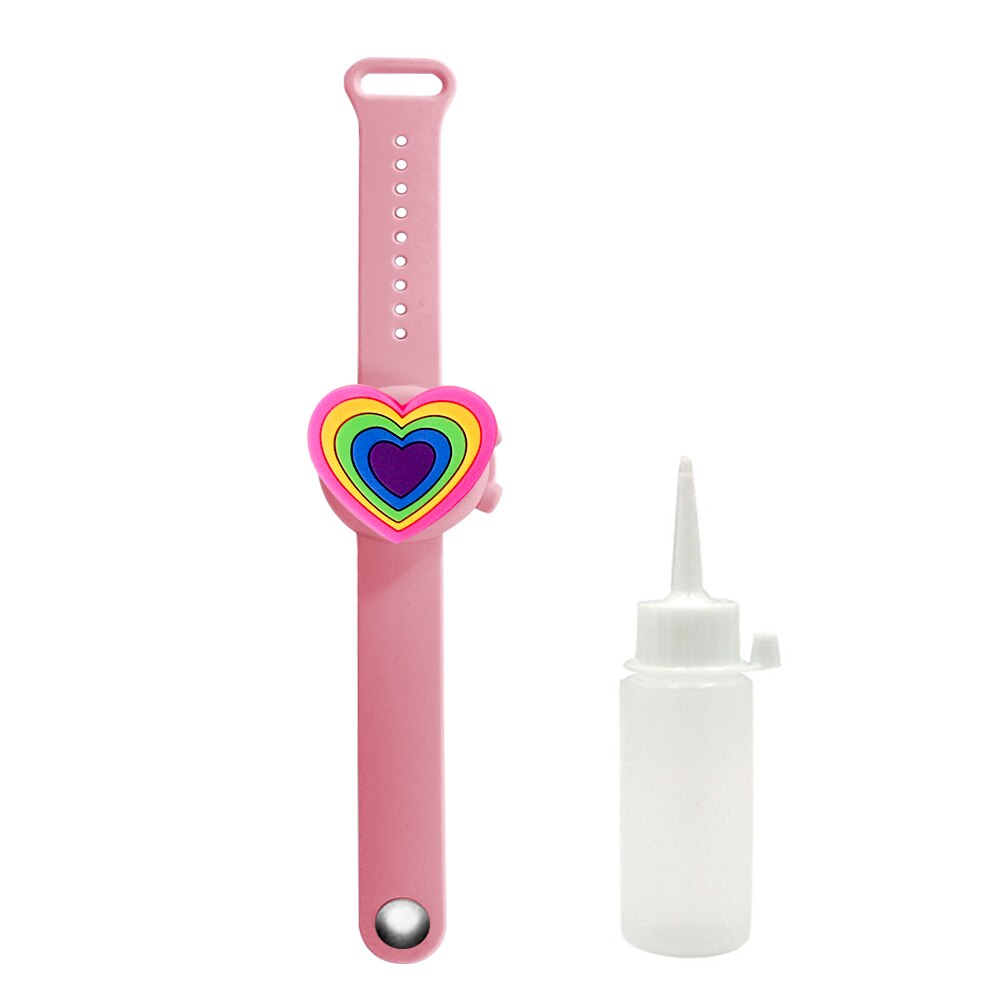 Portátil niños pulsera de mano dispensador de dinosaurio, unicornio desinfectante de manos Gel de pulsera mano apoyo muñeca desinfectante pulsera: pink heart