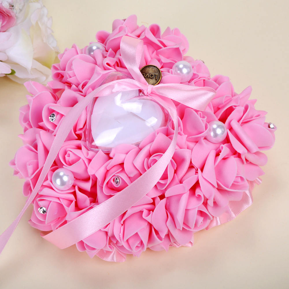 Vielsesring pude blonder faux perler dekorative brude skum opbevaring sag ring indehaver valentins æske 6 farve