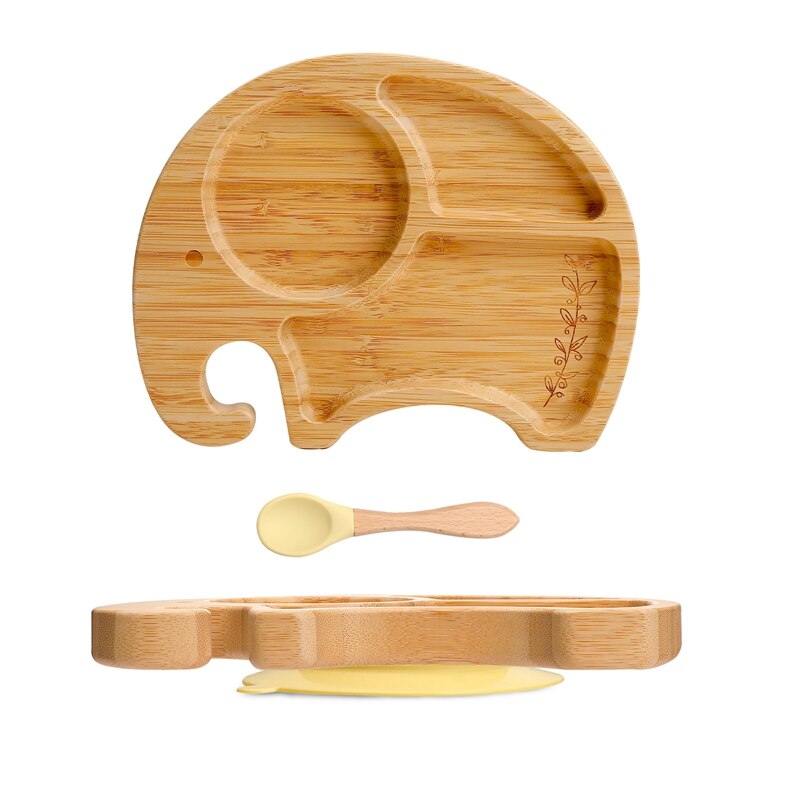 Vaisselle en bois de bambou, accessoires d&#39;alimentation pour bébé, assiette à dîner animaux de dessin animé éléphant avec ventouse, d&#39;anniversaire pour bébé 1 ensemble: yellow