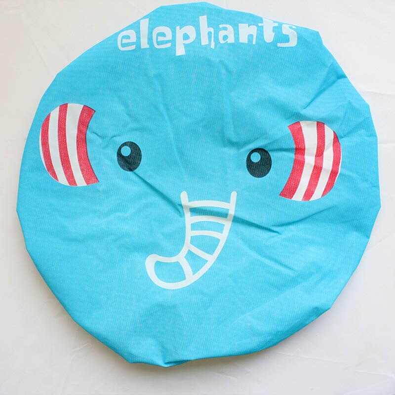Gorra de baño para la ducha con dibujos animados, gorro de encaje elástico para baño y saunas, gorro para spa, protección para el cabello para niños y mujeres: Blue Elephant