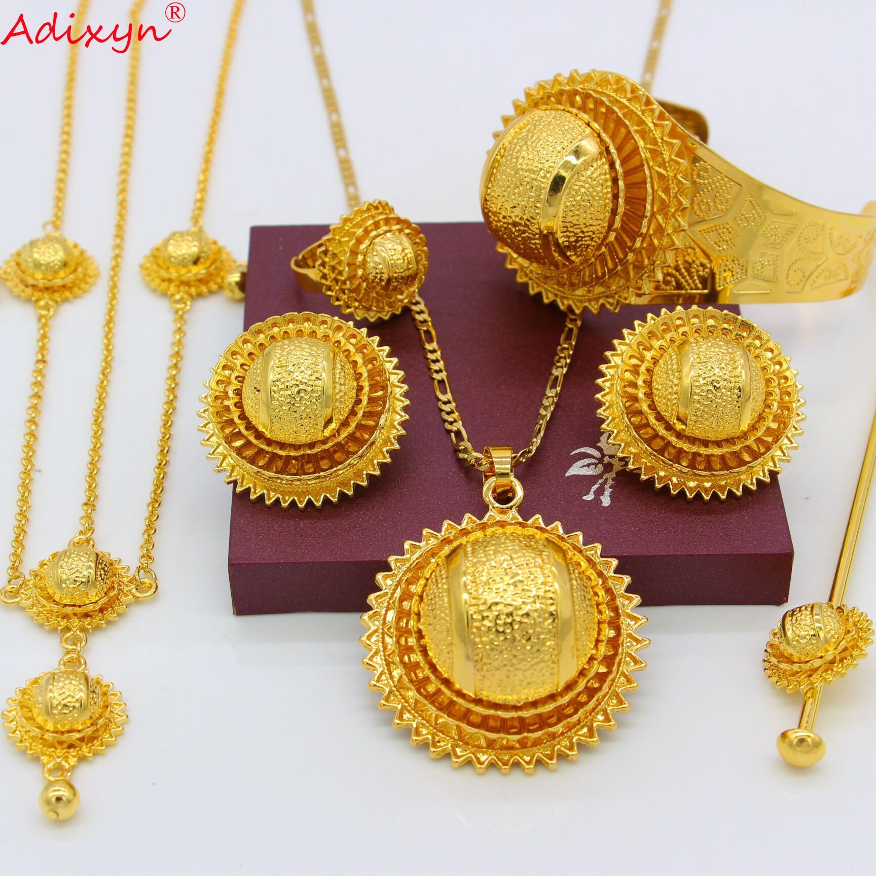 Adixyn, colgante de joyería estilo europeo, collar, pendientes, anillo, brazaletes, cadena para el pelo para mujeres, Color dorado, de boda africanos N06152