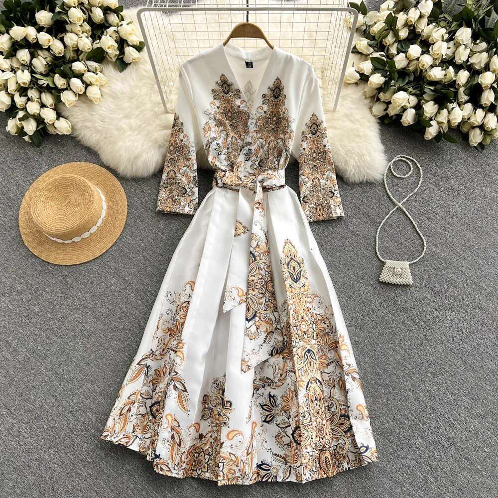 Jamerary Blumen druck Urlaubs kleid Frauen Palast Stil hoch-Ende elegante Promi Midi- Langarm Vestidos: L / Weiß