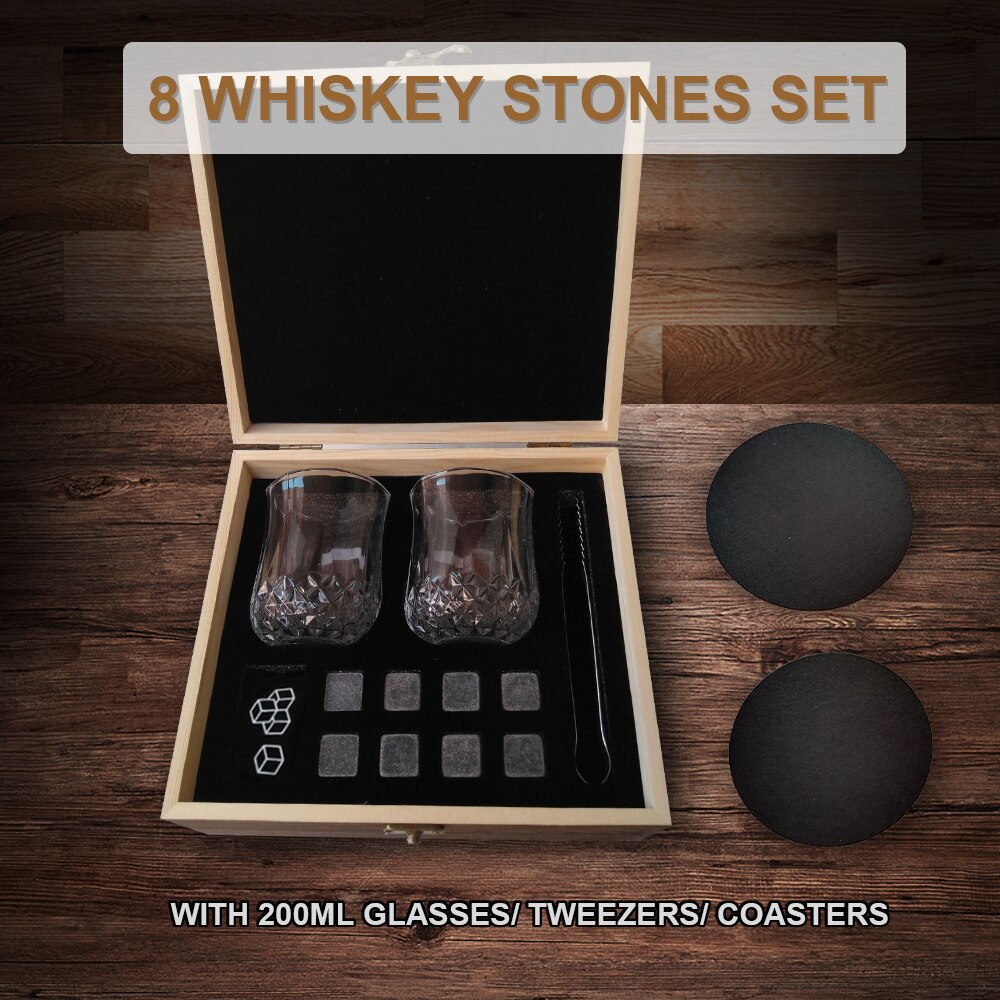 9pcs Whiskey Stones Whiskey Ice Stones Drinks Cooler Cubes Beer Rocks With Wood Case Pouch and Ice Clip Barware Bar Tool 2 Glass