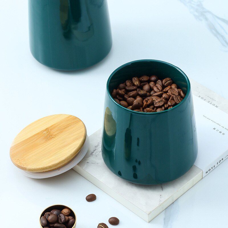 1PC Ceramic Storage Tank Sealed Coffee Storage Bottle with Wood Lid Spice Jar Container Sealed Tea Cans Tea Pot Grain Organizer