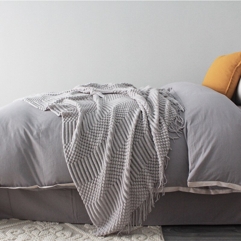 Europe Plaid Knit Air Conditioner Cover Nap blanket Comfortable warm tassel Nordic solid color Blankets for Beds Sofa: light gray / 127x170cm