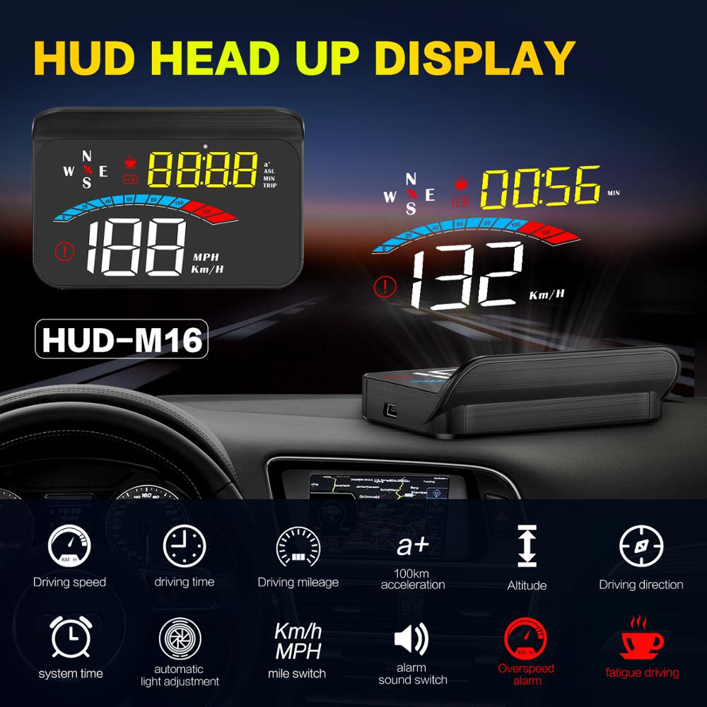 M16 Head Up Display Auto Gps Gauge Digitale Snelheidsmeter Voorruit Snelheid Projector Kompas Spanning Km/H Mph Voor Alle auto &#39;S