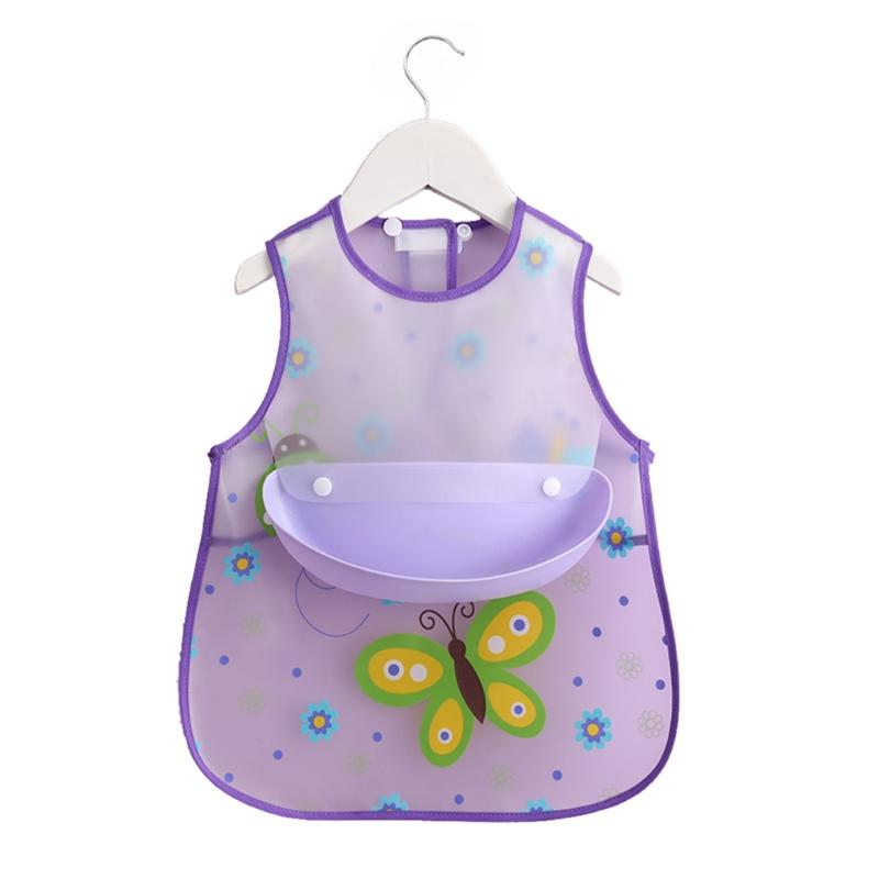 Baby Verstelbare Slabbetjes Met Pocket Plastic Waterdichte Voeding Kiel Cartoon Schort Burp Doek Voor Baby P31B: Purple Butterfly