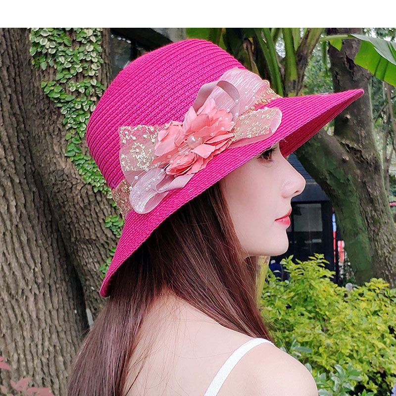 Women Summer Women's Sun Hat Bucket Cap Beige Lace Bowknot Flowers Ribbon Flat Top Straw Hat Beach Caps Panama
