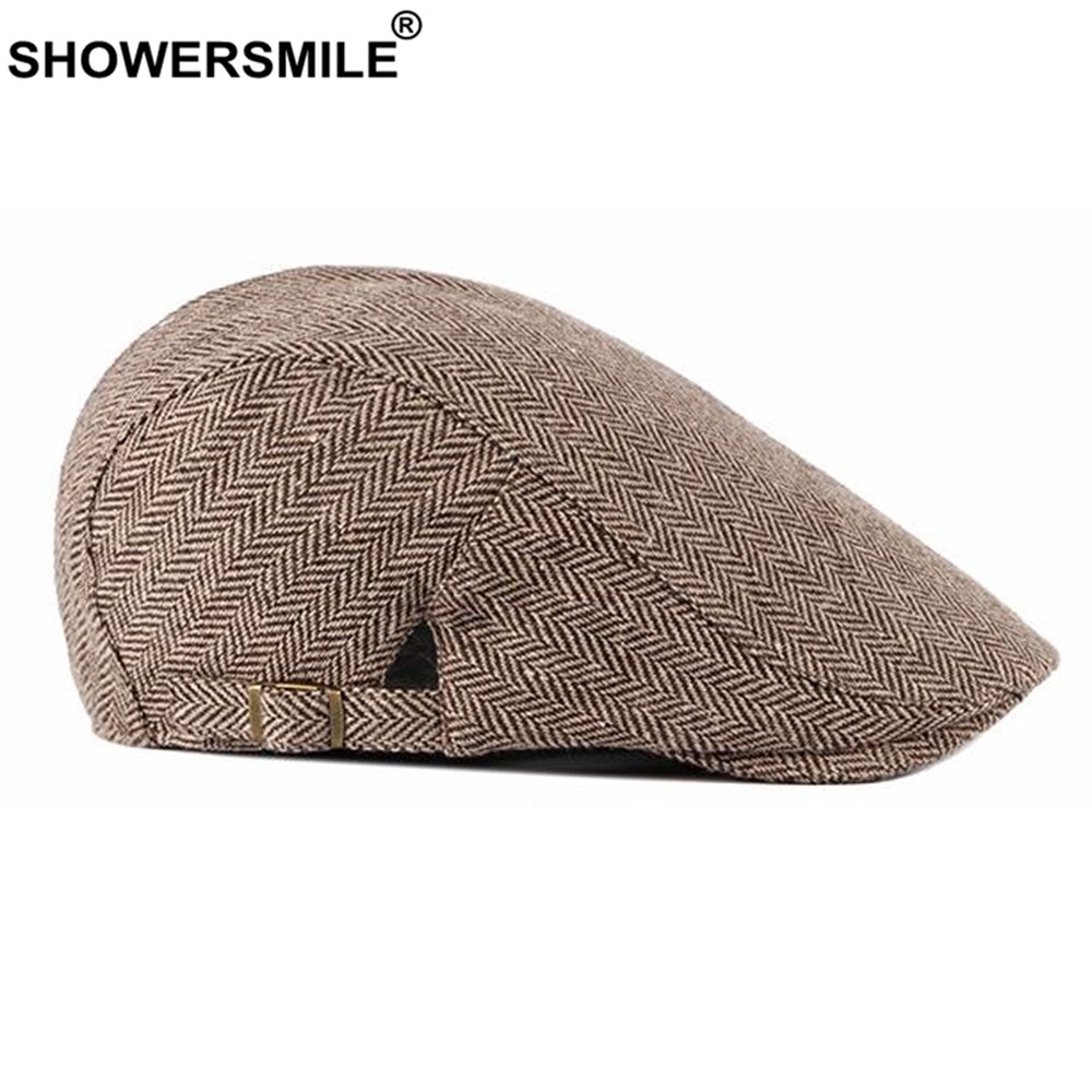 SHOWERSMILE Flat Cap Mens Beret Herringbone Irish Cap British Style Vintage Male Adjustable Black Gray Spring Autumn Cabbie Cap