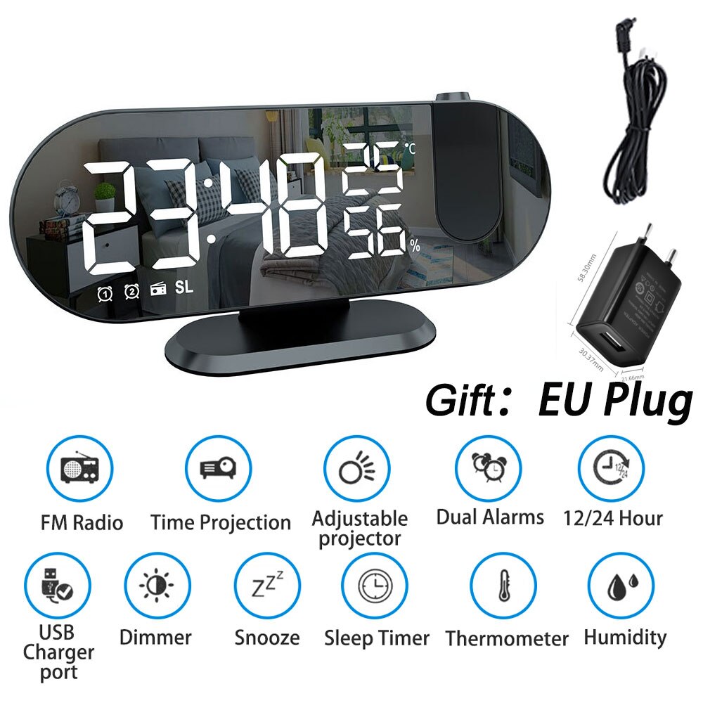 FM Radio LED Digital Smart Alarm Clock Watch Table Electronic Desktop Clocks USB Wake Up Clock with 180° Time Projector Snooze: eu plug white font