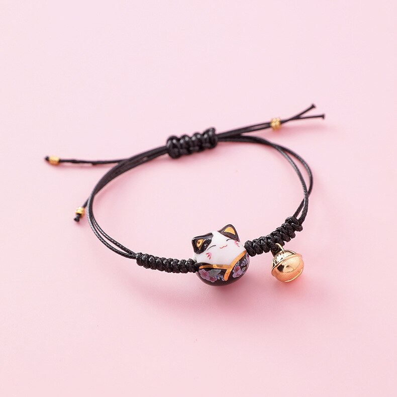 Doreen-pulsera de cuerda de gato de cerámica Kawaii para mujer, brazalete sencillo tejido a mano, cuentas de borla, joyería de de estilo japonés: Big Cat-Black