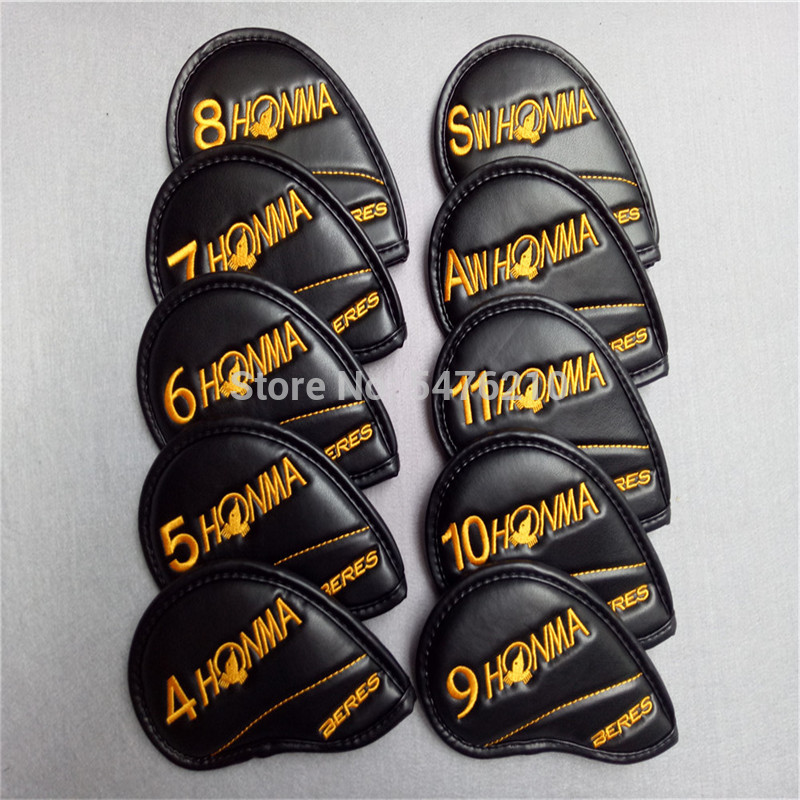 10 teile/satz Honma Golf eisen Verein headcover einstellen gehobenen PU Witz hdouble-seitige stickerei Golf stangen abdeckung 4- 11 AW SW: Schwarz  Gold