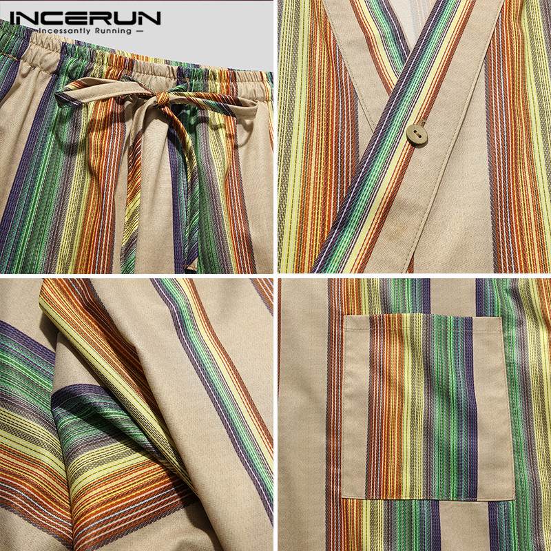 Hombre Retro Kimono Homewear trajes INCERUN hombres Vintage a rayas conjuntos de pijama 3/4 manga camisetas con lazo cordón pantalones cortos 2 piezas S-5XL