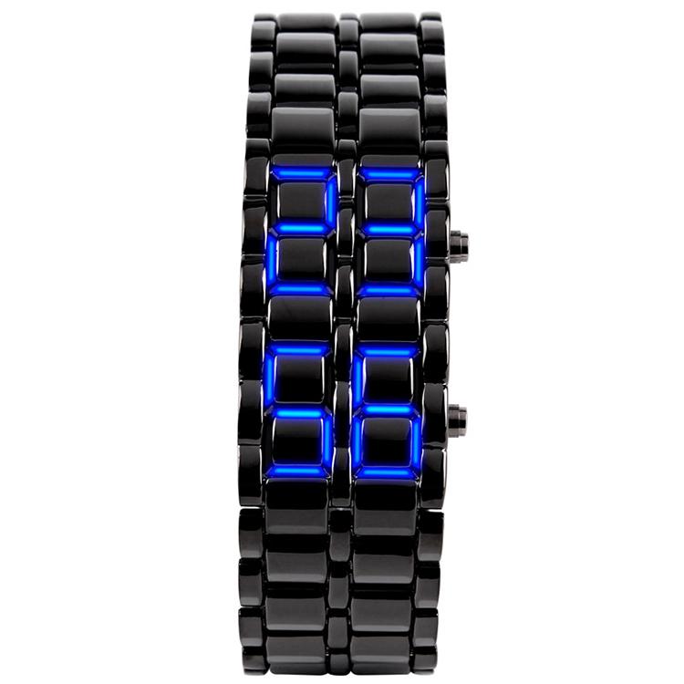 TIke Toker Mode Zwarte Volledige Metalen Digitale Lava Polshorloge Iron Metalen Rode LED Samurai voor Mannen Boy Sport Eenvoudige Wathes: Black and Blue Light