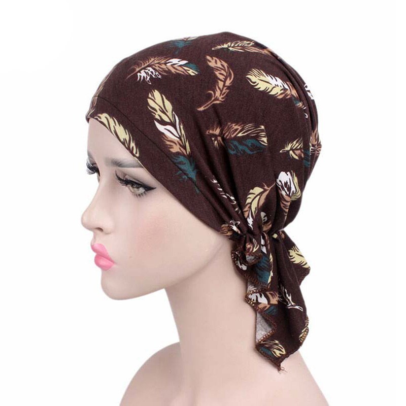 Women Feather-print Turban Hat Long Hair Hat Night Sleep Cap Lady Hair Care Bonnet Headwrap Muslim Hat Indian Hat