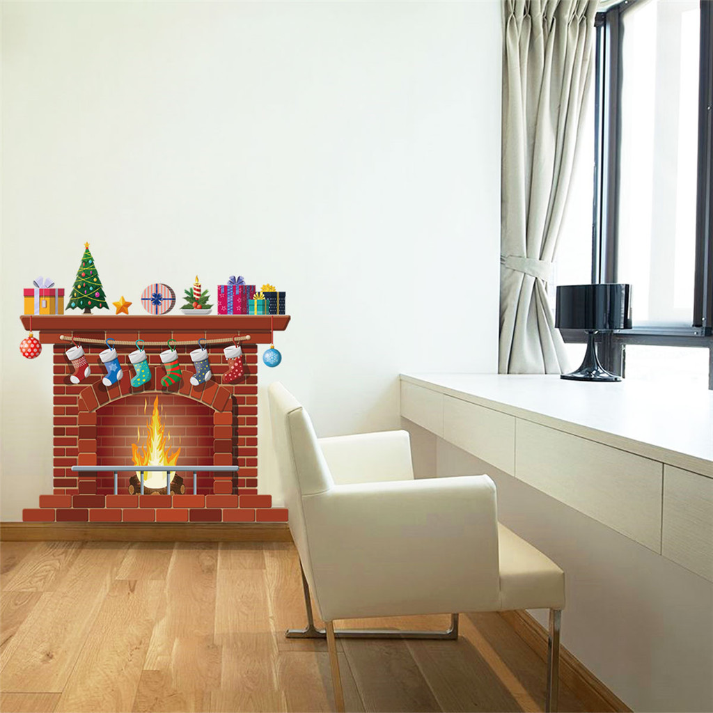 Cheminée de noël imprimer Stickers muraux Mobile Stickers muraux décoratif mur fenêtre décoratif mur Art papier peint 30
