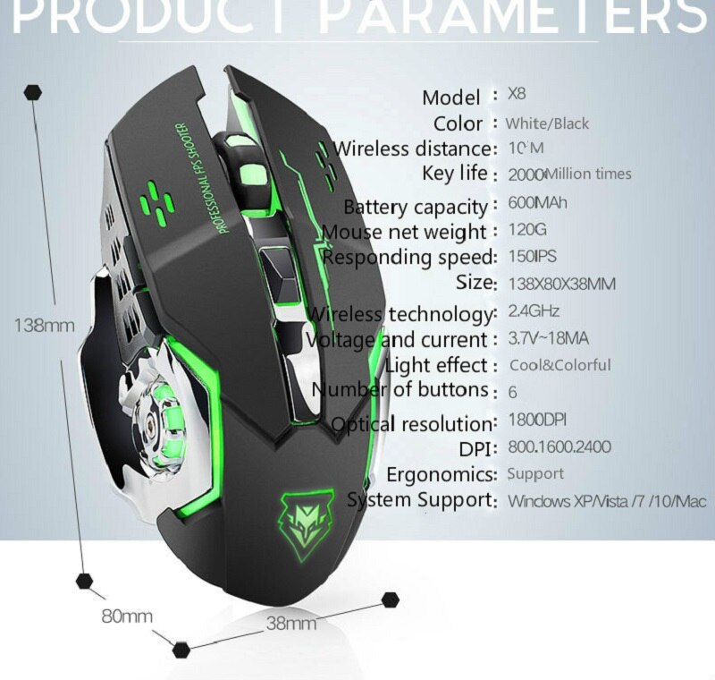 2.4Ghz Wireless Optical Computer X8 Mouse Wireless Charging Game Mouse Mute Luminous Mechanical for Gamer PC