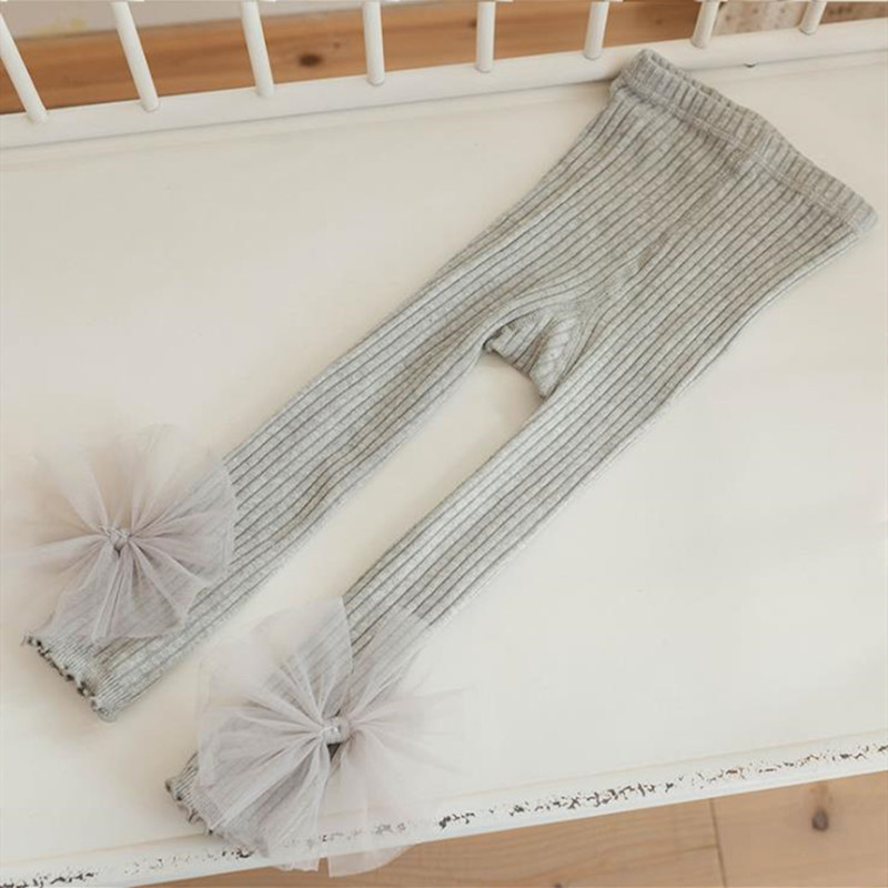 Outono bonito crianças meninas collants linda canelada meia-cintura estiramento leggings com gaze bowknot para meninas: Cinza / 7T