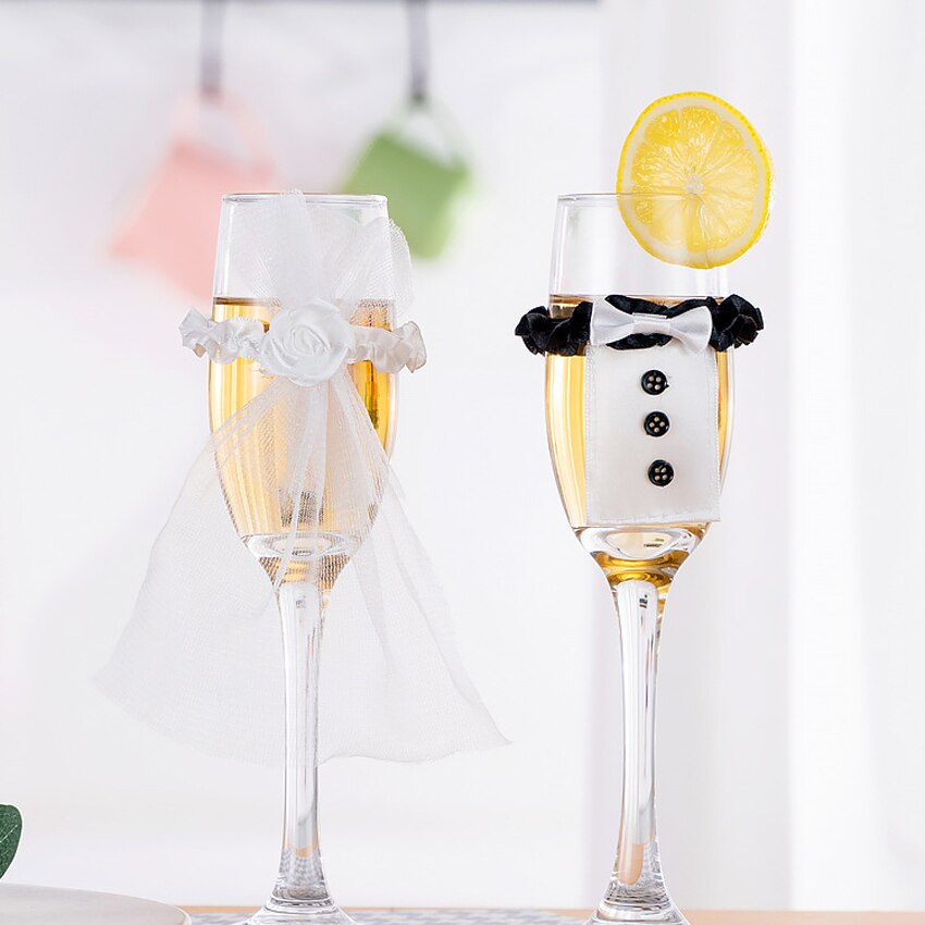 2pcs Toasting Decoration Bride&amp;Groom Tux Bridal Veil Party Wedding Mark Wine Glass Decor DIY Beautiful Decorations