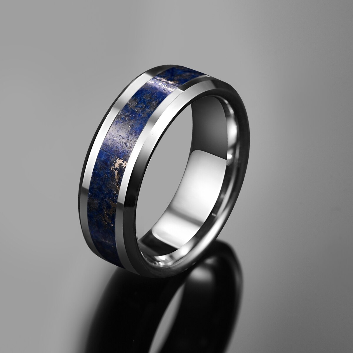 Bonlavie 8mm bred wolframcarbid ring bryllup forlovelse stål farve indlagt lapis lazuli wolfram stål mænds ring  t230r
