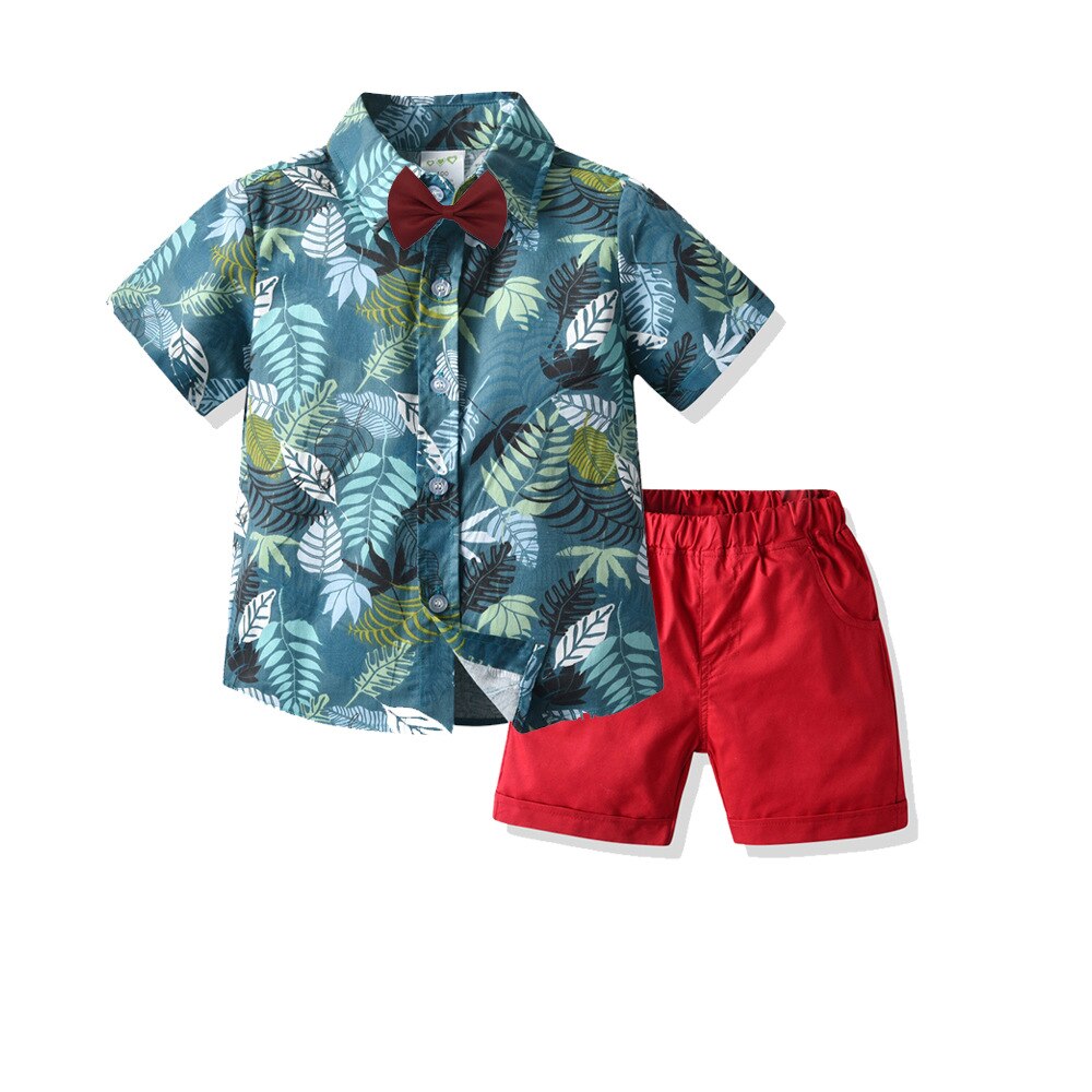 Jongens Pakken Voor Bruiloften Korte Mouw Shirt + Pure Kleur Shorts + Boog Knoop 3Pcs Trainingspak Voor Kinderen reizen Strand Overhemd: 5T