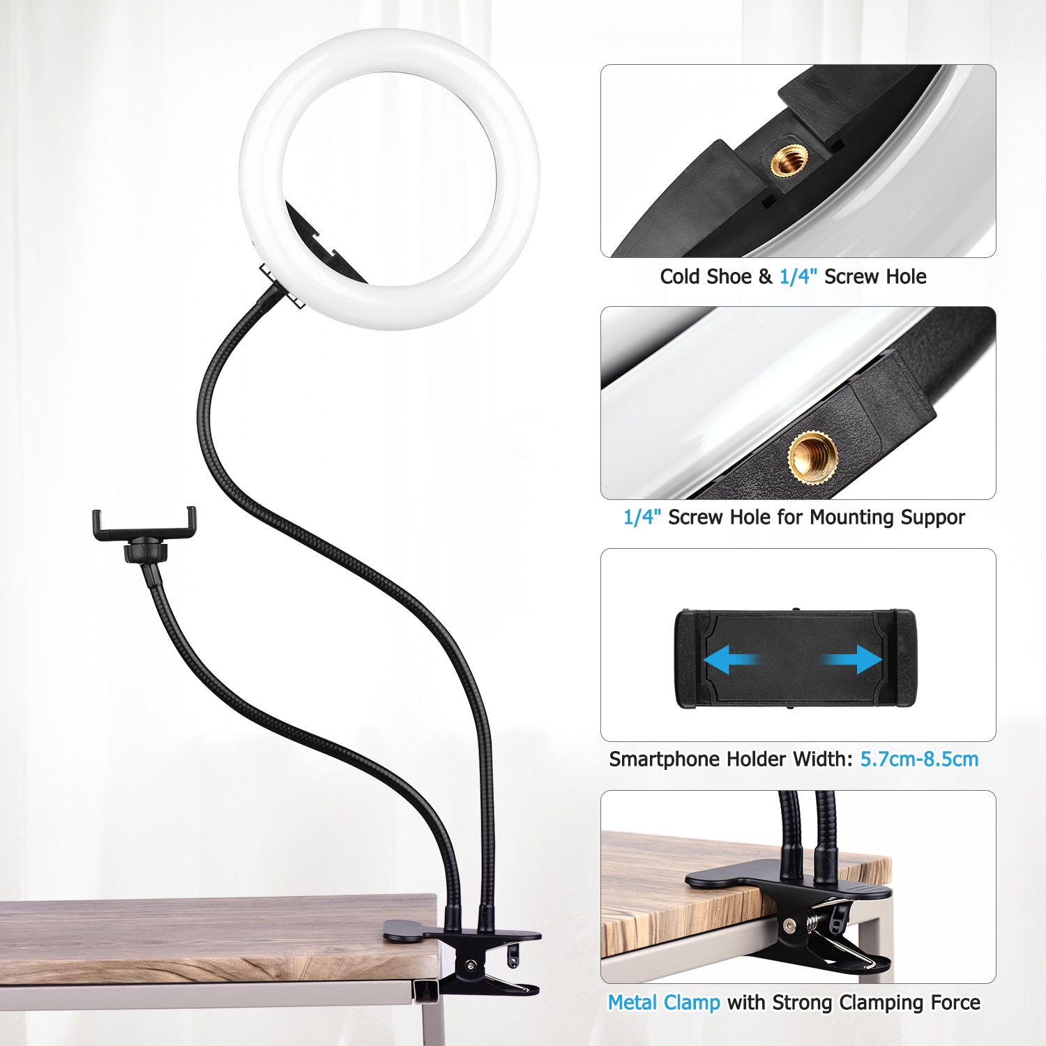 Andoer 8 Inch di trasporto A Due in Un Anello di Luce A LED con Tubo di Metallo Supporto e Supporto Del Telefono LED Fill-in illuminazione USB di Controllo di Linea Lampada