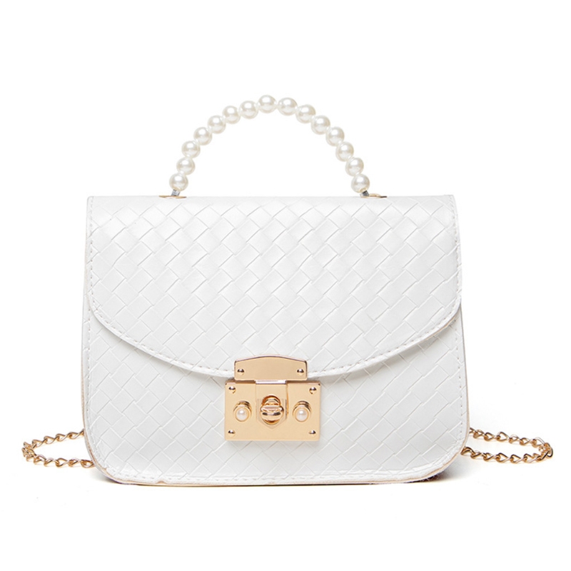 Pu-leder-schultertaschen für damen, schlangenleder-mini-geldbörse, retro-quadrattasche, ketten-umhängetasche, handtaschen mit perlengriff: Weiß