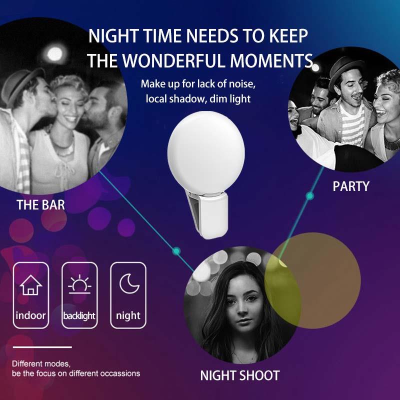 Cámara portátil anillo LED llenar luz Flash para teléfono con puerto de carga USB puede ser cargado con Banco de la energía del ordenador, etc.