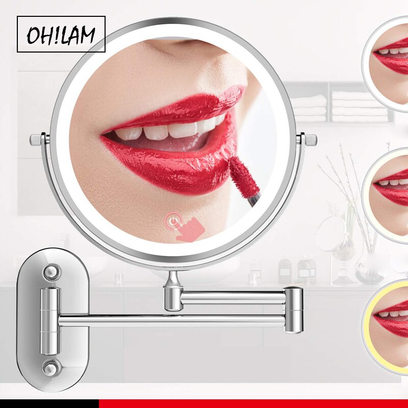 7X Magnifying Wall Mount Makeup LED Lighted Vanity Mirror Screen Touch Double Sided Bathroom Shaving Illuminated Mirrors 8inches