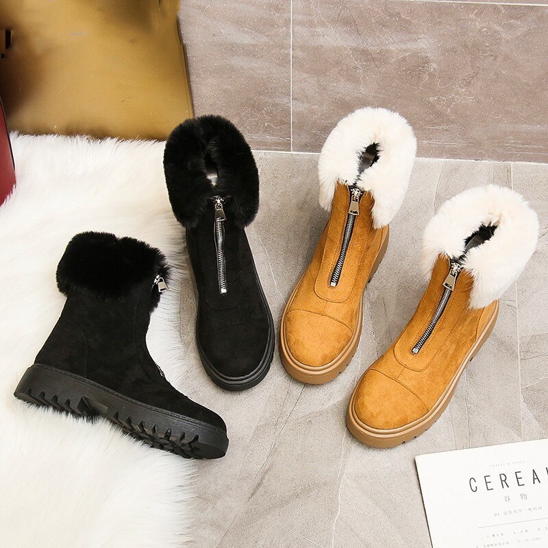 Women Boots Winter Mid Calf Front Zipper Warm Snow Boots Platform Keep with Thick Fur Heels Femme