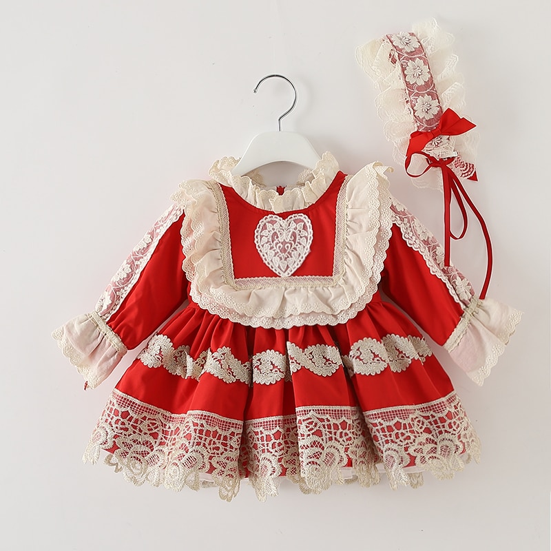 2 st småbarn flicka lolita prinsessa klänningar barn röd spanska frock höst baby flickor jul klä upp spädbarn spanien vestidos