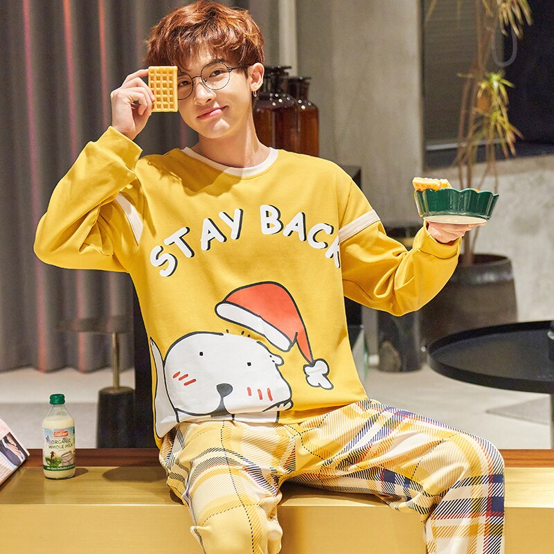 SONG Spring Autumn Pajama Sets For Men Pure Cotton Round Neck Long Sleeve Cute Cartoon Handsome Casual Home Wear Suit