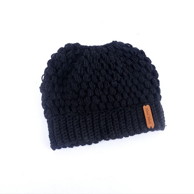 Kvinder piger stretch strik hat rodet høj bolle hestehale beanie varm hul heste hestehale stretchy strik hæklet kraniet cap: D