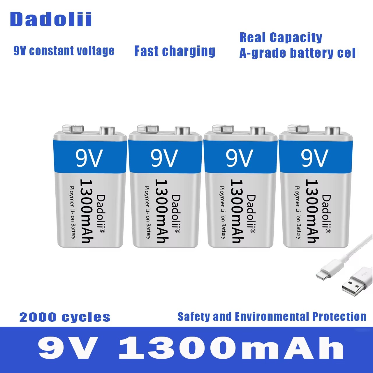 Wiederaufladbare 9V Li-Ion Batterie - 1300mAh - Micro USB - Ladegerät Set - Kompatibel mit Multimeter, Mikrofon, Spielzeug: Beige