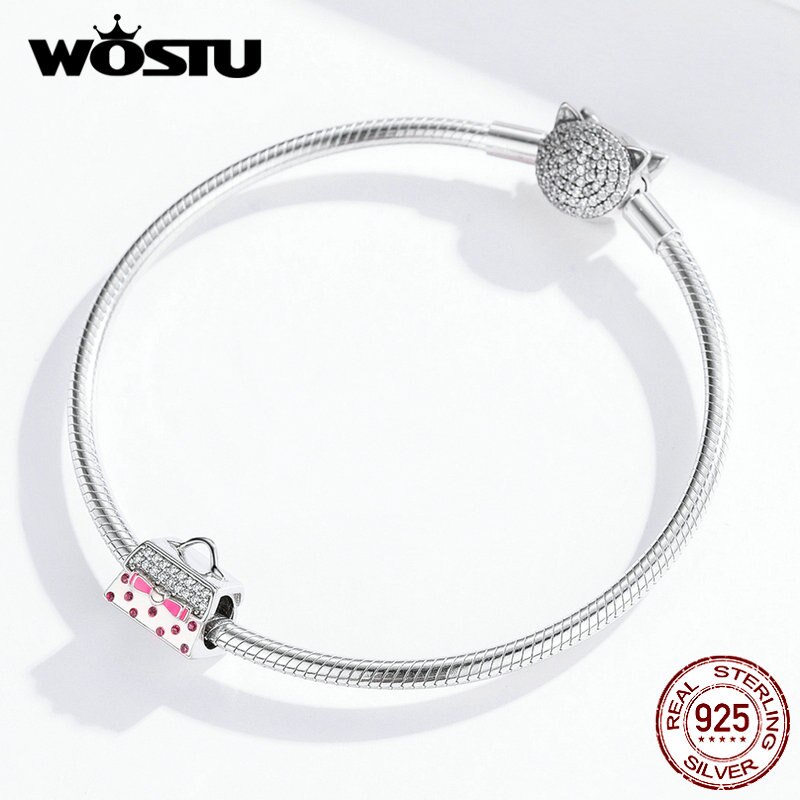 WOSTU la moda Argento sterlina 925 Sacchetto di Mano di Perline Rosa Zircone Bowknot Pendenti E Ciondoli in forma Originale Braccialetto Del Pendente Dei Monili Delle Ragazze di CQC1391