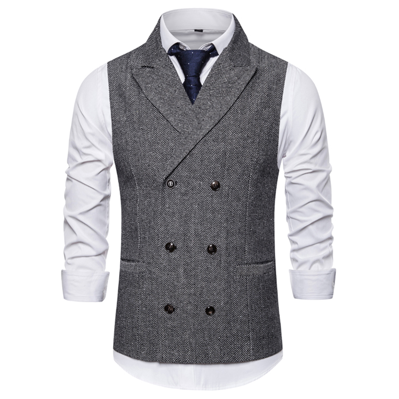 Mode Tweed Double Breasted Pak Vest Mannen Piek Revers Heren Smoking Vest Business Trouwjurk Vest Gilet Homme: Light Gray / 2XL