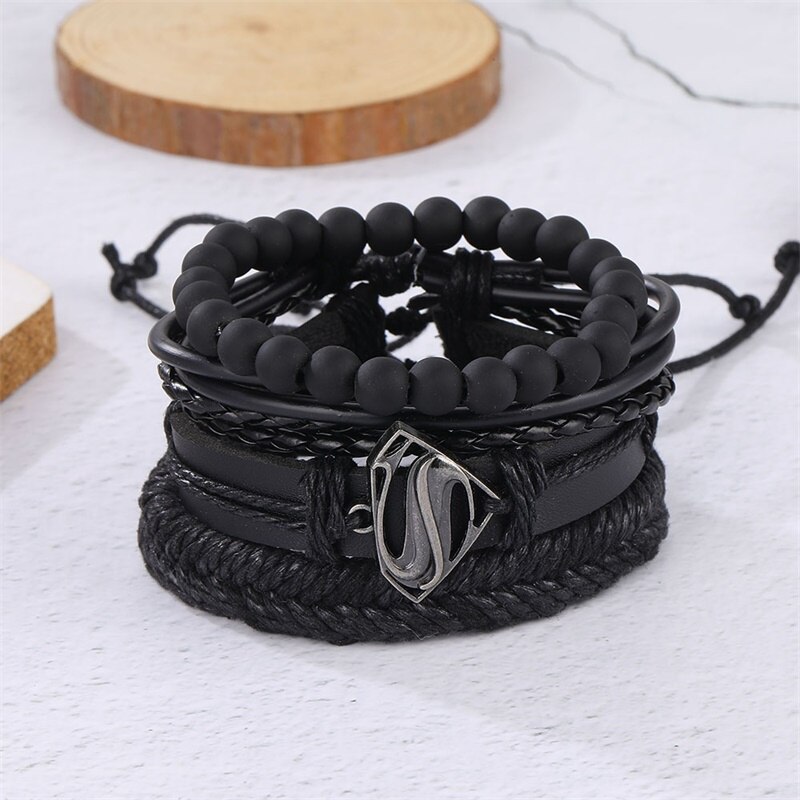 Ifmia 4 Stks/set Punk Captain Vintage Zwart Lederen Armband Charm Mannen Hand Geweven Armbanden Kralen Armband Fasion Sieraden