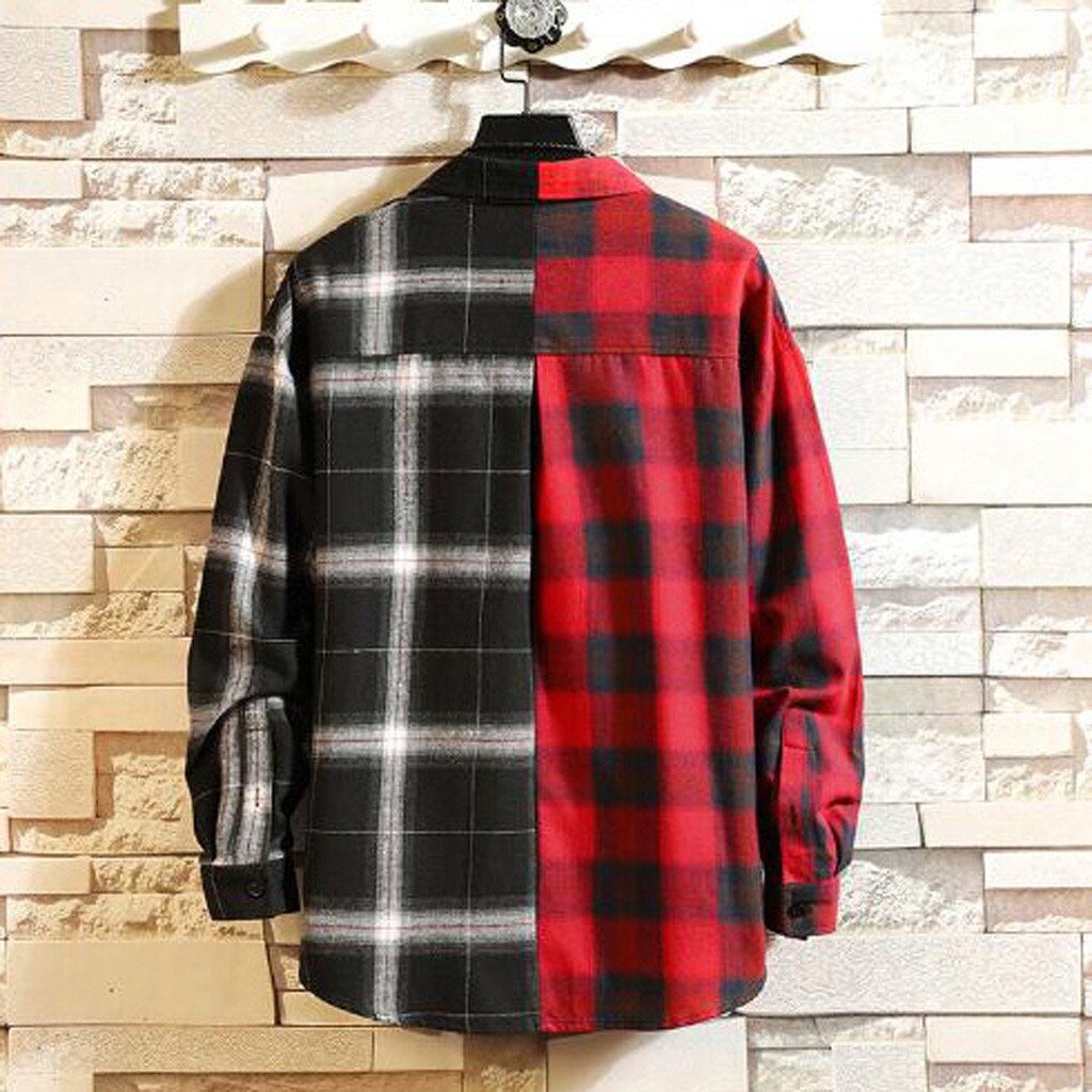 Koszule męskie jesień Plaid Patchwork koszula z guzikami człowiek malowanie Top na co dzień mężczyzna kołnierz na dół bluzka biznes płaszcze casualowe 19Nov07