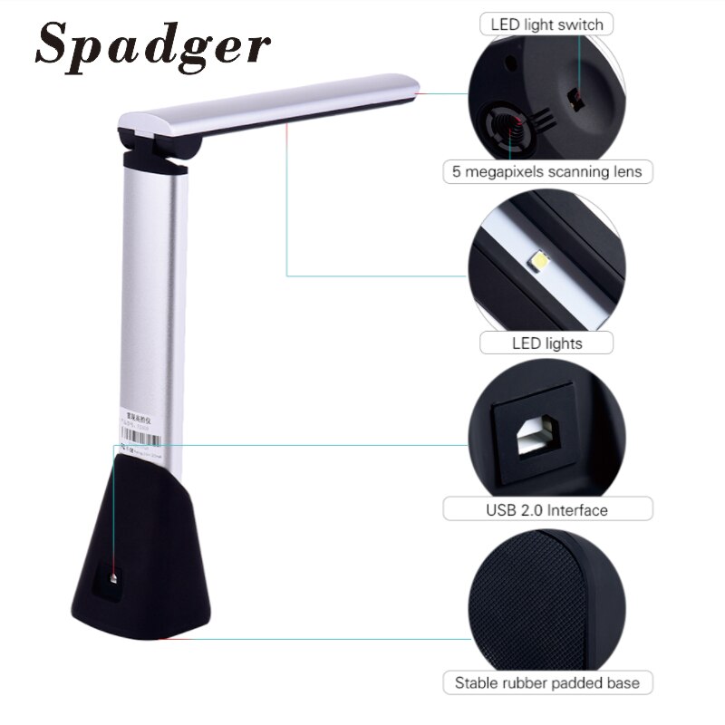 A4 Portable High Speed USB Book Picture Document Camera Scanner 5 Mega-pixel HD High-Definition Max with OCR Function LED Light