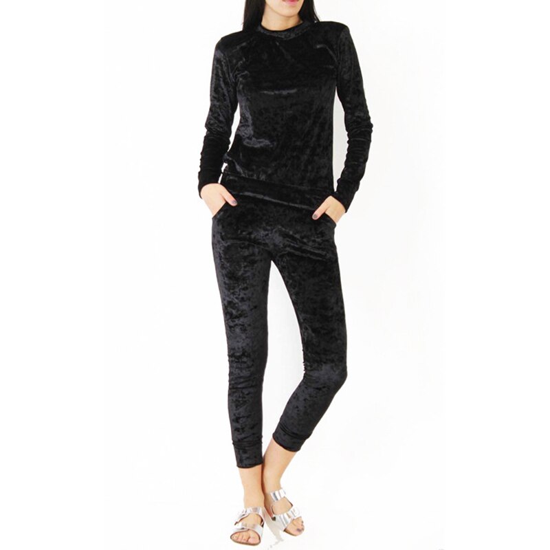 2 stuks koreaanse fluwelen trainingspak voor dames herfst/winter lange mouwen ronde hals sweatshirt en joggingbroek effen kleur sportkleding dames: Zwart / S
