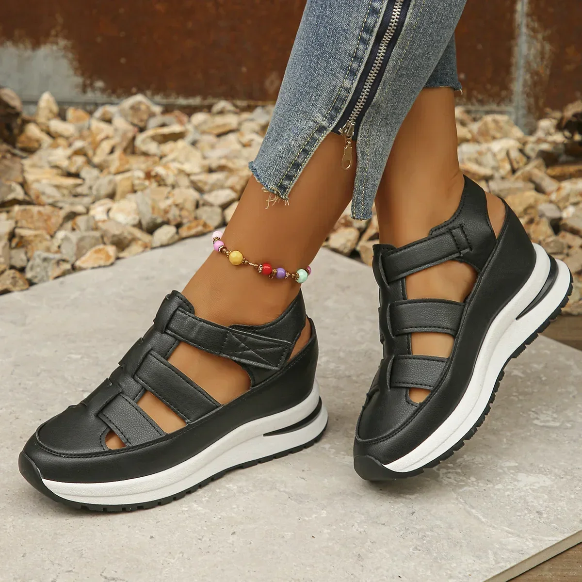 Sandalias de mujer, botas suaves, tacones bajos, zapatos de verano para mujer, Sandalias de tacón de colores combinados, zapatos de verano para mujer, calzado de tacón para mujer: Negro / 43