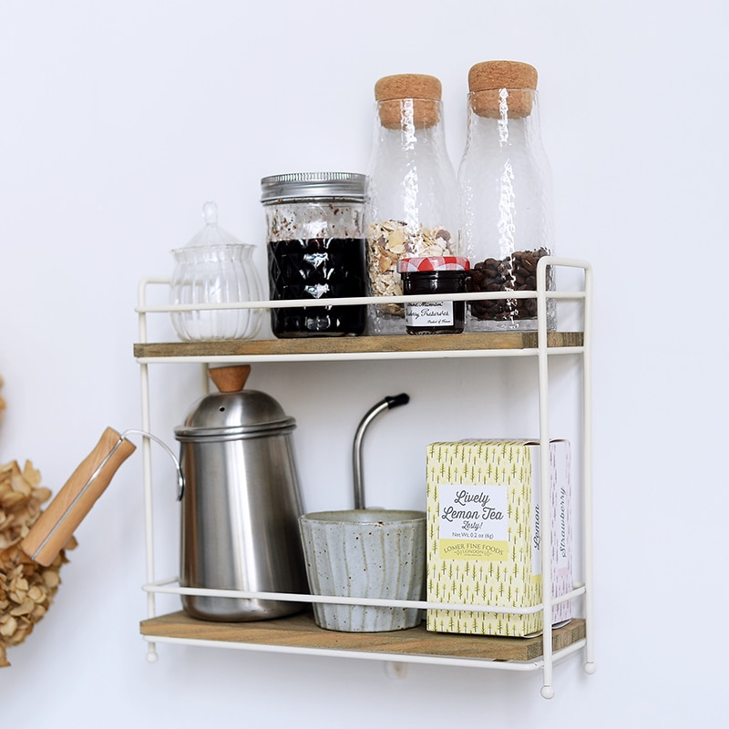 Modern Metal Wood Two Tiers Storage Rack Countertop Sundries Organizer Rack Kitchen Spice Rack Cosmetics Rack for Girl