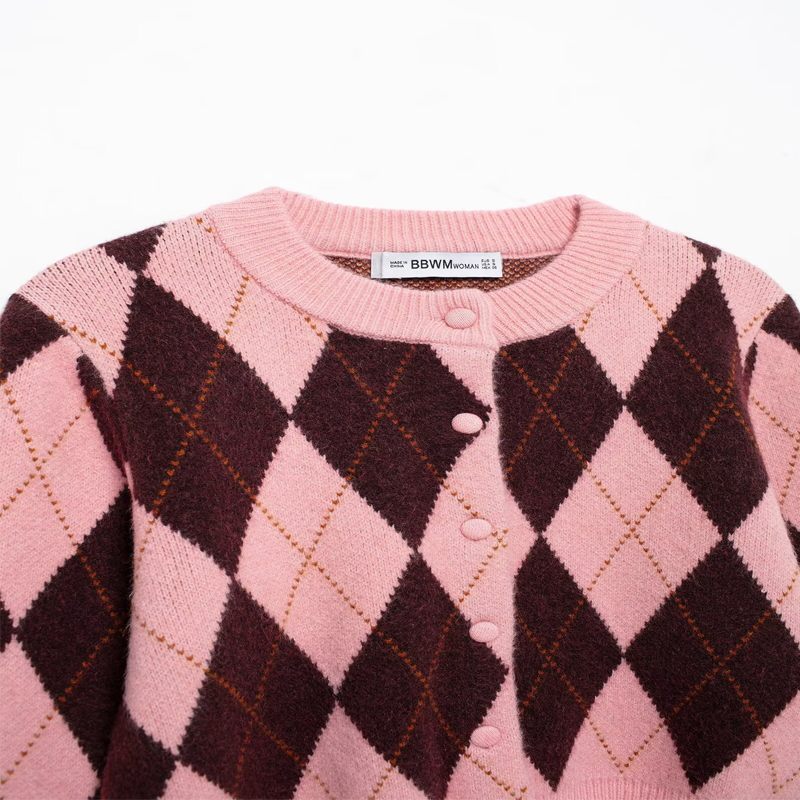 Koekop Giacca da donna chic da donna a maniche lunghe vintage con motivo a diamanti e girocollo alla moda