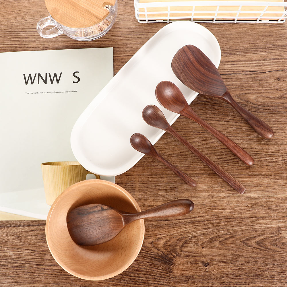Black Walnut Coffee Honey Spoons Wooden Japanese Style Stir Long Scoop Large Soup Rice Spoon Kitchen Tableware Kitchen Supplies