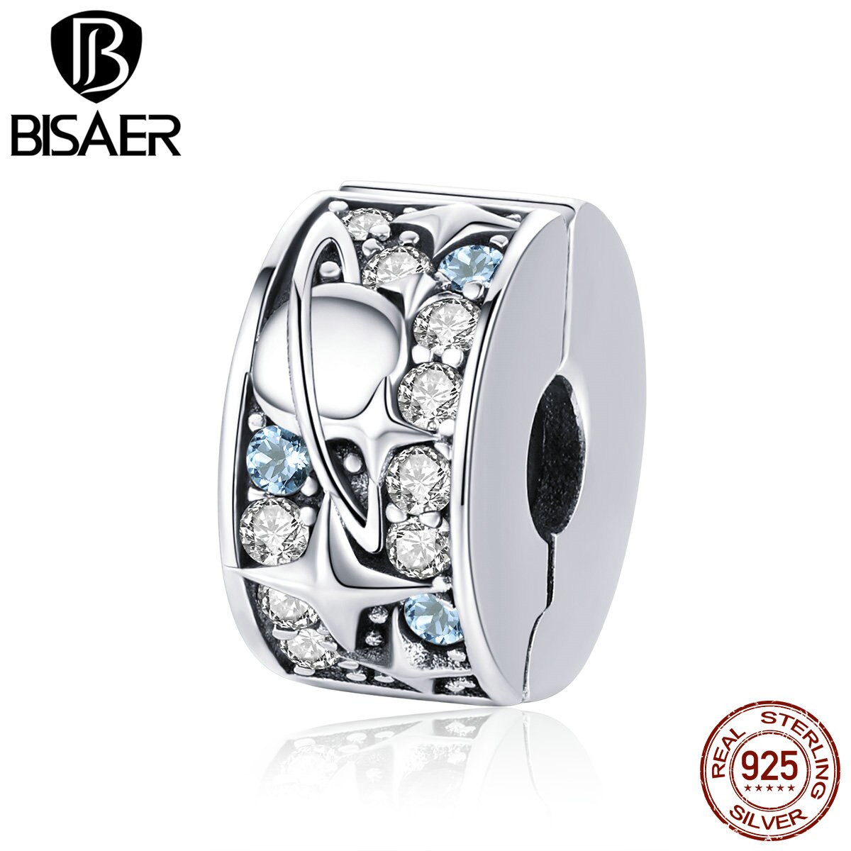 Bisaer 925 prata esterlina planeta terra contas estrela cz clipe rolha encantos ajuste pulseiras de prata contas para fazer jóias ecc985