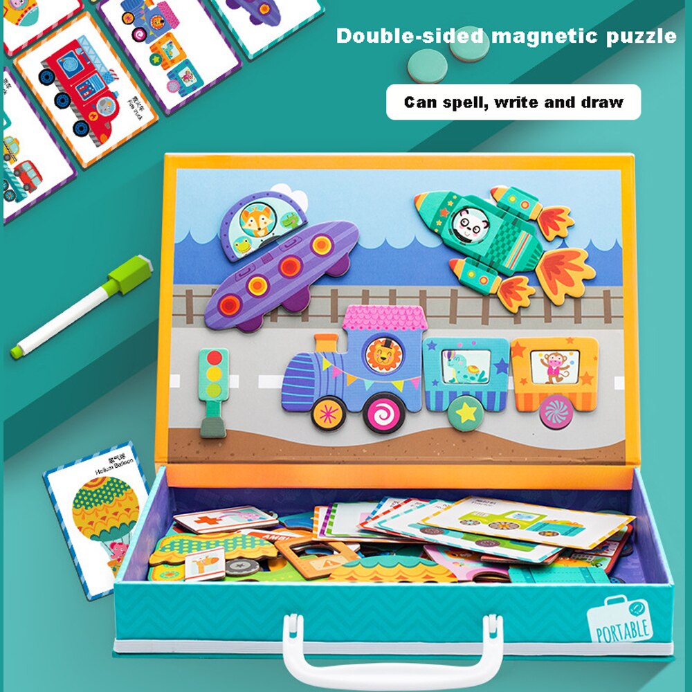 Kids Magnetic Puzzle Jigsaw Traffic Change Face Game Double-Sided Drawing Board Baby Early Education Toys For Children