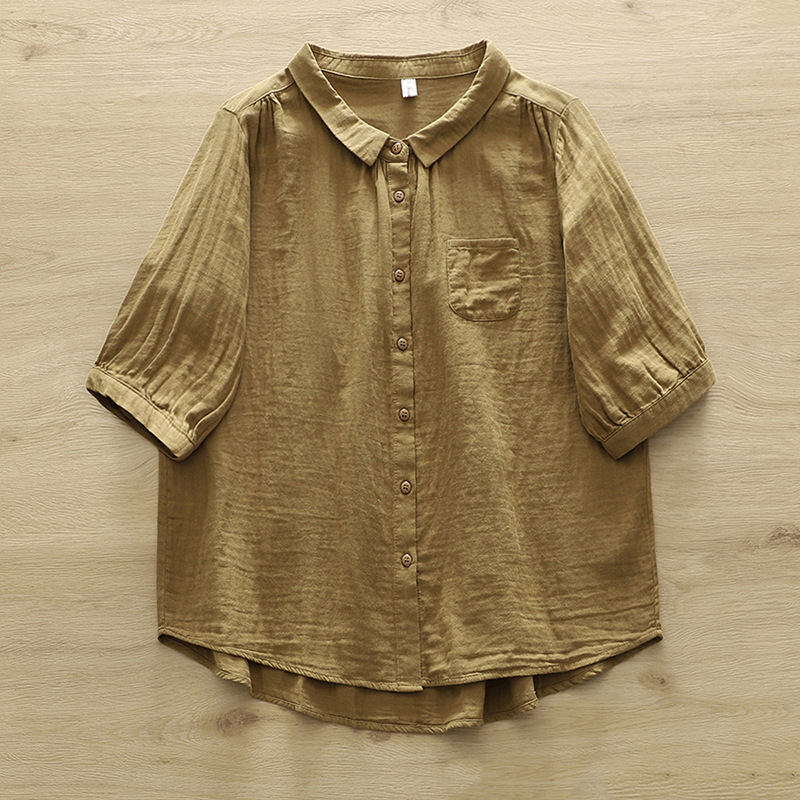 Neue Frühling Baumwolle Garn solide verlieren Hemd Frauen Revers Kurzarm oben Mädchen retro ol Pendel blusen 2024 Sommer t45449qc