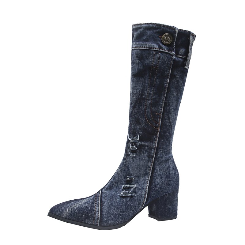 Sexede jeansstøvler dame ankelrør kvinder kort støvle vinter mellemhæl denimstøvle dame stilfulde jeansstøvler lynlåssko cowboy: Blå / 39